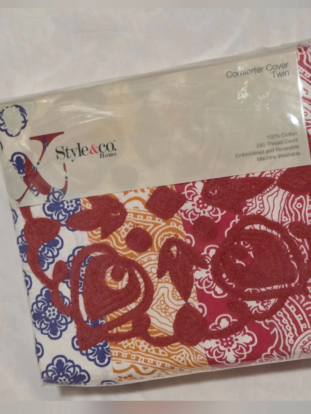 Style & Co Boho TWIN Duvet Cover Cotton Floral Patchwork Embroidery NEW